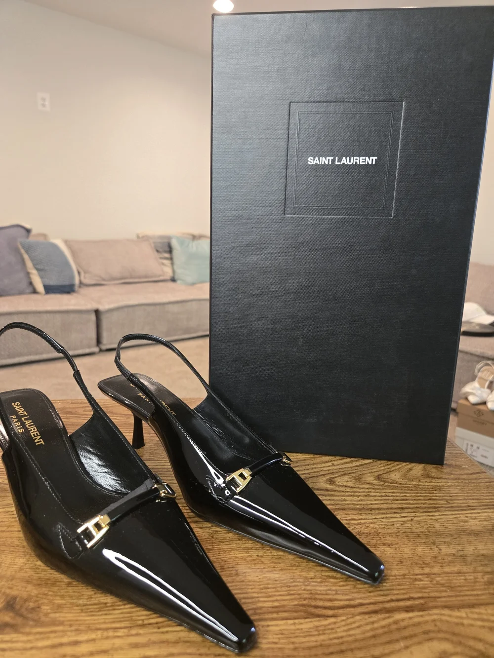 Saint Laurent Black Patent Slingback Pumps with Gold Accent - Picture 3 of 11